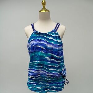 Magicsuit Tankini Top 14 Blue Green Watercolor Blouson Underwire Gently Used